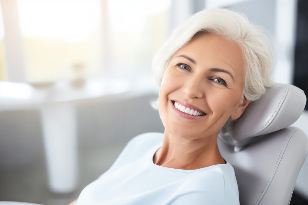 Elderly female patient sitting in chair smiling with straight teeth and dentures at Global Smiles Dental in Indianapolis