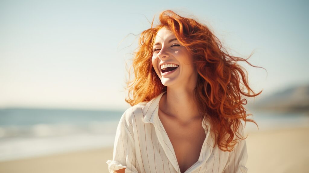 Young female smiling with excellent teeth and smile on beach after receiving cosmetic dentistry treatment at Global Smiles Dental in Indianapolis, Indiana 46237