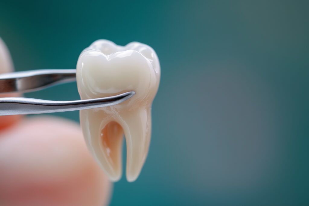 Dentist holding extracted tooth at Global Smiles Dental in Indianapolis, IN 46237
