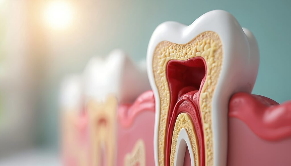 Detailed cross section of tooth showing internal structure, root canal. Illustrates dental anatomy, pulp chamber, nerve, blood vessels, root structure. Represents dental health, oral care medical